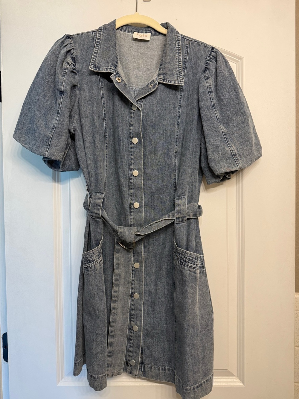 Fate Light Blue Denim Button-Front Puff Sleeve Mini Dress